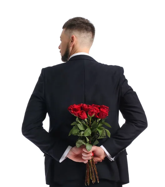 Handsome Man Bouquet Beautiful Flowers His Back White Background — Stock Photo, Image