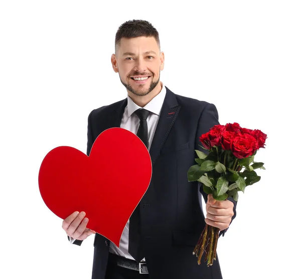 Handsome Man Bouquet Beautiful Flowers Red Heart White Background — Stock Photo, Image