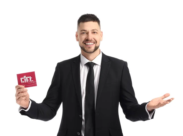 Hombre Guapo Con Tarjeta Regalo Sobre Fondo Blanco — Foto de Stock