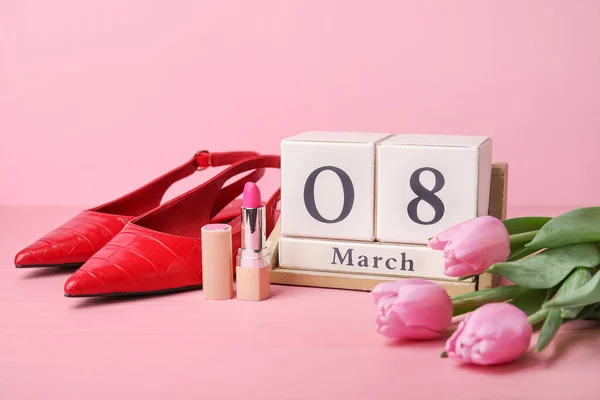 Calendar Flowers Accessories Color Background International Women Day Celebration — Stockfoto