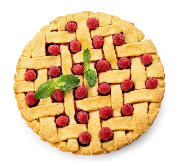 Tarte Aux Framboises Délicieuse Menthe Sur Fond Blanc — Photo