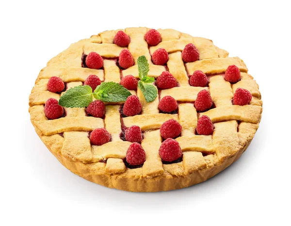 Tarte Aux Framboises Délicieuse Menthe Sur Fond Blanc — Photo