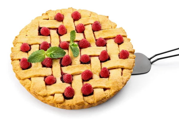 Tarte Aux Framboises Délicieuse Menthe Sur Fond Blanc — Photo