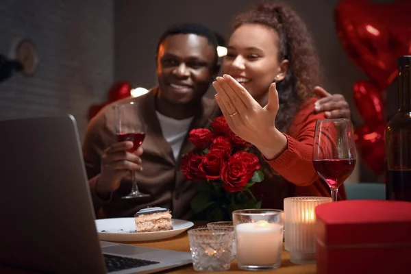 Happy Engaged African American Couple Video Chatting Friends Valentine Day — стоковое фото