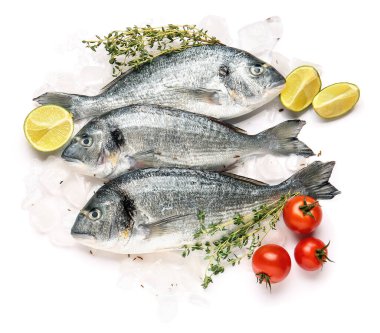 Beyaz arka planda malzemeli çiğ dorado balığı.