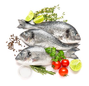 Beyaz arka planda malzemeli çiğ dorado balığı.