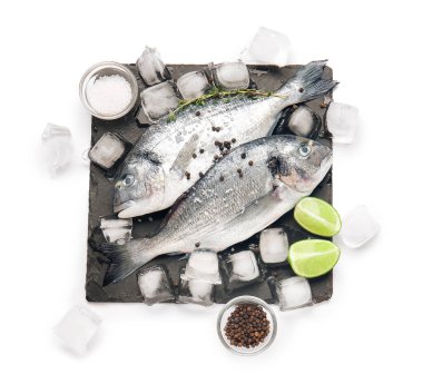 Beyaz arka planda buzlu ve baharatlı çiğ dorado balığı.