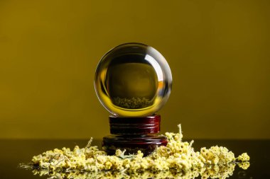 Kristal falcı küresi ve kuru otlar masada.