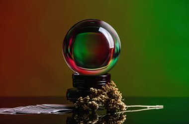 Kristal falcı küresi, kartlar ve kuru otlar masada.