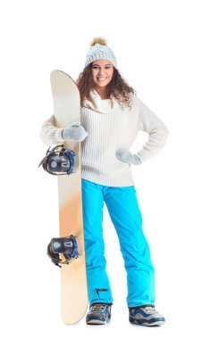 Beyaz arkaplanda kadın snowboardcu