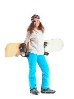 Beyaz arkaplanda kadın snowboardcu
