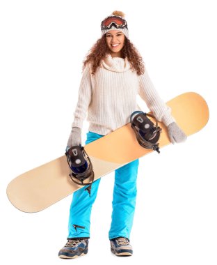 Beyaz arkaplanda kadın snowboardcu