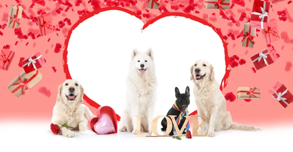 Vackert Gratulationskort Med Roliga Hundar För Alla Hjärtans Dag Fest — Stockfoto
