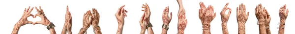 Mooie Vrouwelijke Handen Met Henna Tatoeage Witte Achtergrond — Stockfoto