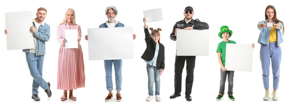 Kollázs Különböző Emberek Üres Plakátok Fehér Alapon — Stock Fotó