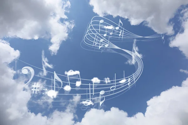 Άποψη Του Όμορφου Ουρανού Σύννεφα Και Νότες Ιπτάμενης Μουσικής — Φωτογραφία Αρχείου