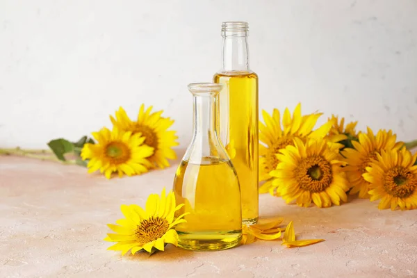 Bottles Sunflower Oil Color Background — Stock Photo, Image