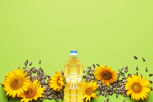Renk arkaplanında ayçiçeği yağı olan kompozisyon