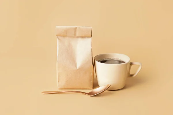 Paper Bag Cup Hot Coffee Color Background — Stock Photo, Image