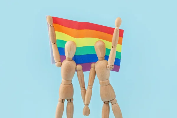 Wooden Mannequins Rainbow Flag Color Background — Stock Photo, Image