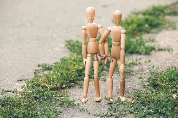 Wooden Mannequins Holding Hands Outdoors Lgbt Concept — Stock Photo, Image