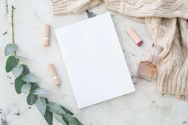 Blank Magazine Lipsticks Perfume Light Background — Stock Photo, Image