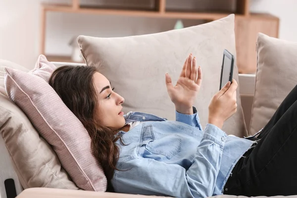 Beautiful Young Woman Reading Book Home — Stock Photo, Image