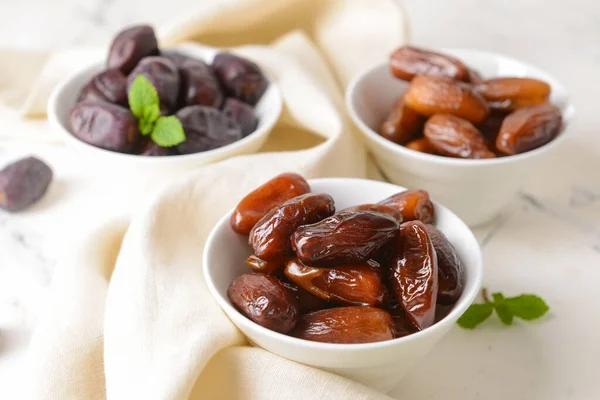 Bowls Sweet Dates Light Background — Stock Photo, Image