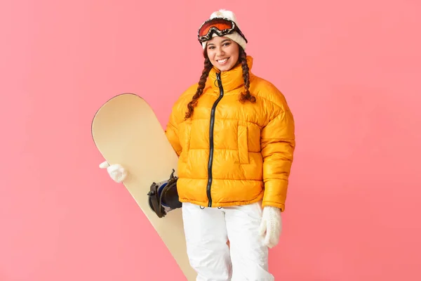 Snowboarder Feminino Fundo Cor — Fotografia de Stock