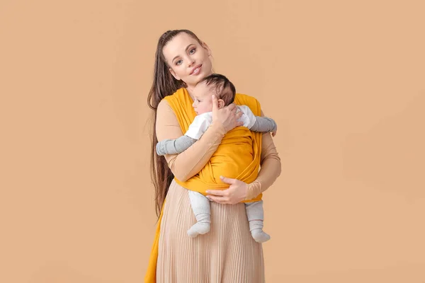 Young Mother Little Baby Sling Light Background — Stock Photo, Image