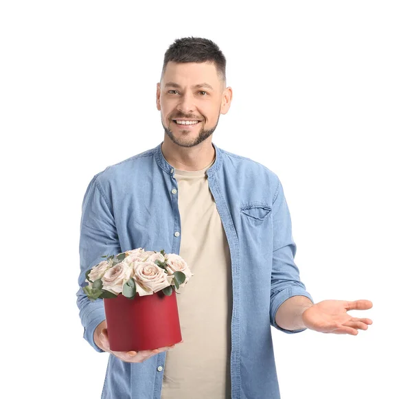 Bonito Homem Com Buquê Flores Bonitas Fundo Branco — Fotografia de Stock