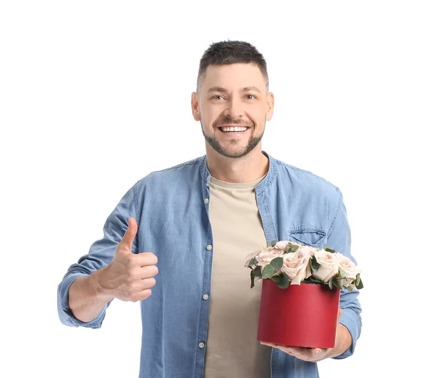 Handsome Man Bouquet Beautiful Flowers Showing Thumb White Background — Fotografia de Stock