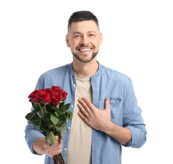 Hombre Guapo Con Ramo Hermosas Flores Sobre Fondo Blanco — Foto de Stock