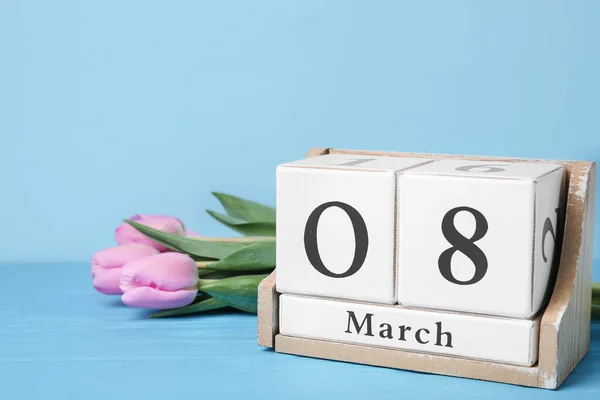 Kalender Och Blommor Färg Bakgrund Internationella Kvinnodagen Firas — Stockfoto