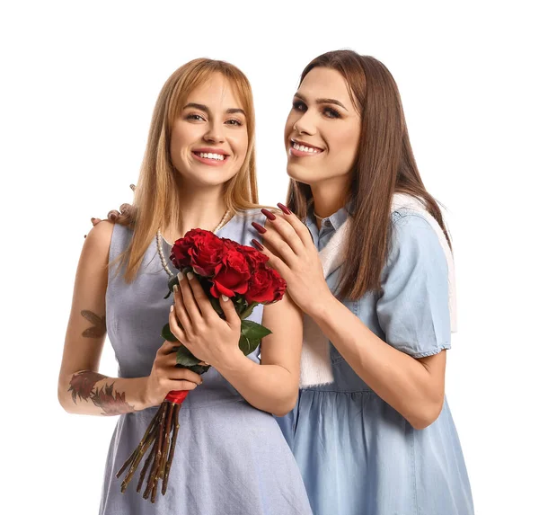 Young Transgender Couple Flowers White Background Valentine Day Celebration — Stock Photo, Image