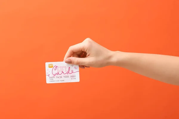 Female Hand Gift Card Color Background — Stock Photo, Image