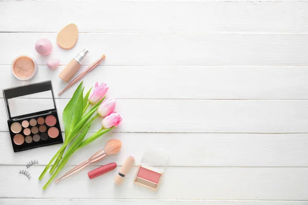 Cosmetics Spring Flowers White Wooden Background — Stock Photo, Image