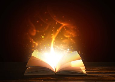 Karanlık arkaplan üzerine sihirli kitap aç