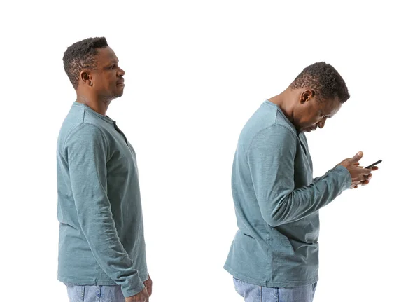 African American Man Proper Bad Posture White Background — Stock Photo, Image