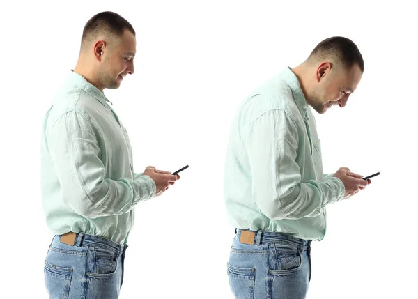Uomo Con Postura Corretta Cattiva Utilizzando Telefono Cellulare Sfondo Bianco — Foto Stock