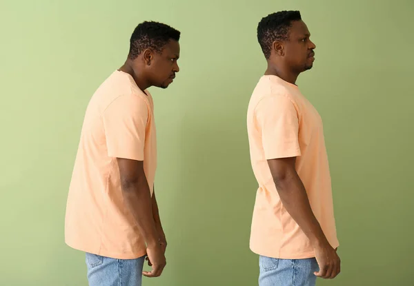 African American Man Bad Proper Posture Color Background — Stock Photo, Image