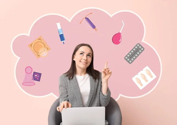 Young woman choosing means of contraception on color background