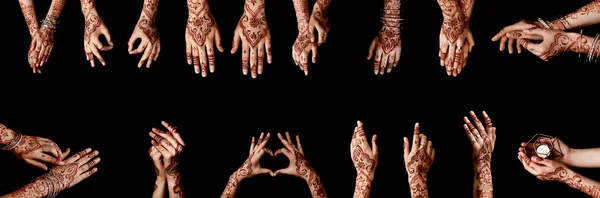 Beautiful Female Hands Henna Tattoo Dark Background — Stock Photo, Image