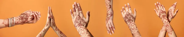 Beautiful Female Hands Henna Tattoo Color Background — Stock Photo, Image