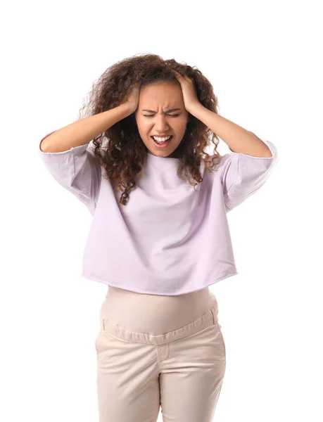 Stressed Pregnant African American Woman White Background — Stock Photo, Image