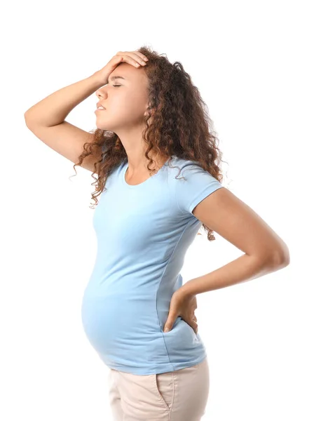 Στρεσαρισμένη Έγκυος Αφρο Αμερικανίδα Λευκό Φόντο — Φωτογραφία Αρχείου