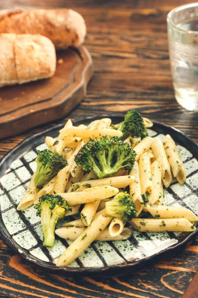 Delicious Pasta Broccoli Wooden Background — Stock Photo, Image