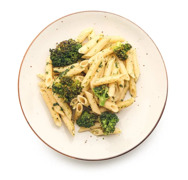 Plato Con Pasta Sabrosa Brócoli Sobre Fondo Blanco — Foto de Stock