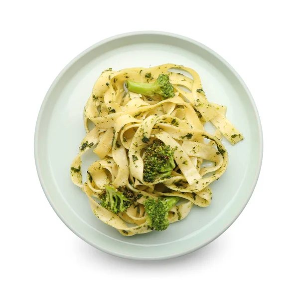 Plato Con Pasta Sabrosa Brócoli Sobre Fondo Blanco — Foto de Stock