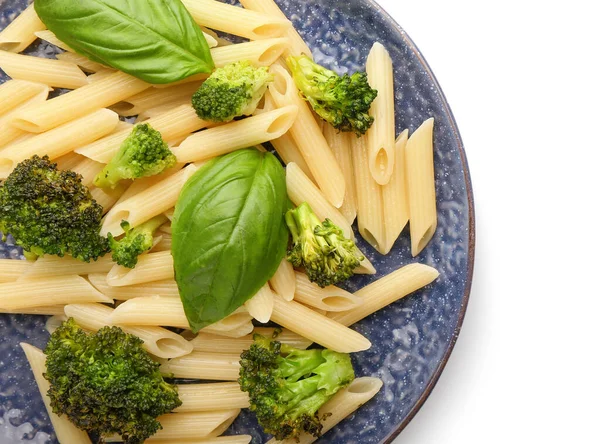 Tasty Pasta Broccoli Basil White Background Closeup — Stock Photo, Image